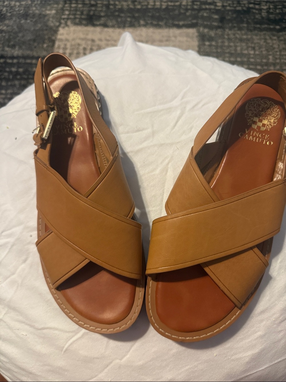 Vince Camuto Cognac Tan Crossband Slingback Sandals. Leather